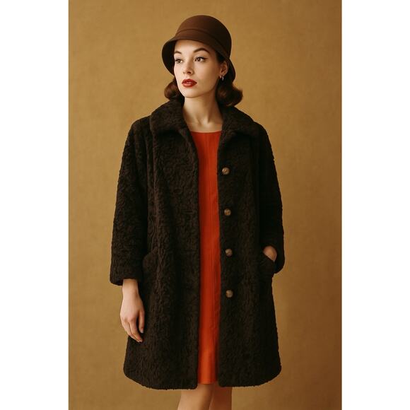 Vintage 50s Susan Lynn Brown Faux Persian Lamb Fur Coat Swing Mod Union Made M-L - Picture 1 of 15